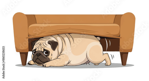 Sad or Scared Pug Dog Character Hiding Under the Sofa, Pet Anxiety and Loneliness Concept Illustration