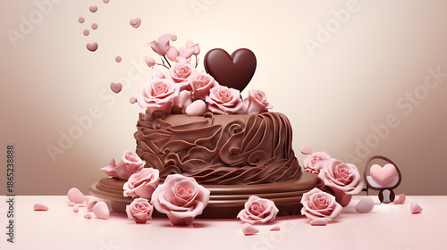 chocolate cake with pink rose,Heart Shaped Chocolate Truffle With Delicate Design,Heart Shaped Chocolate And Vanilla Cake With Strawberries Truffles