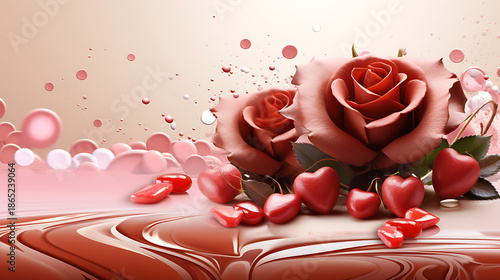 rose and heart, A Valentine's Day social media post with an image of a mocha mousse cake adorned with heart-shaped chocolate decorations