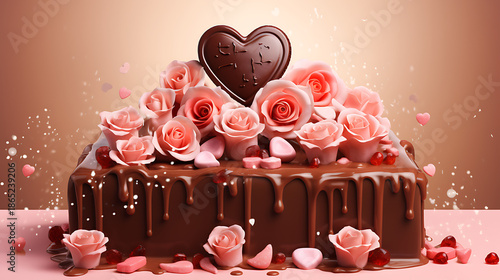heart shaped chocolate cake, 
Heart shaped cake on a blue plate with roses and a glass of ros wine 