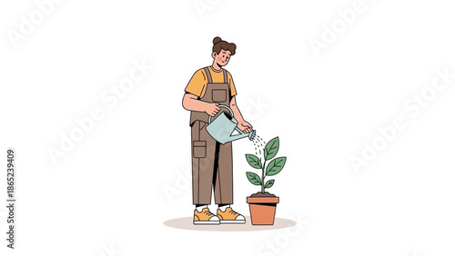 Gardener watering potted plant, illustration of growth and care, eco concept.