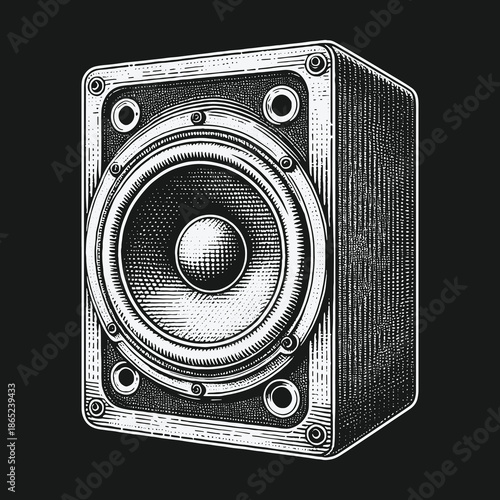 Detailed Engraving of a Vintage Speaker on Dark Background.