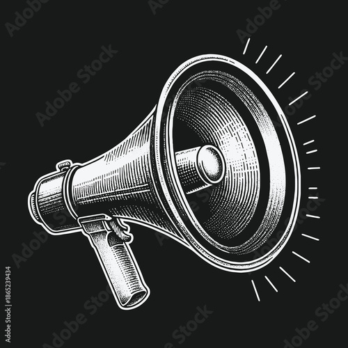 Engraved Megaphone Illustration: Amplifying Messages with Vintage Style.