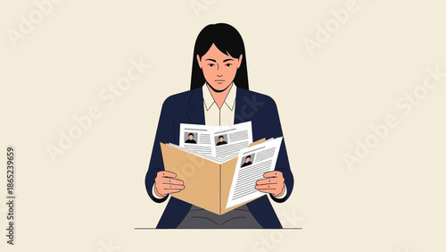 Businesswoman reviewing resumes, human resources, recruitment, job search, hiring, employee selection