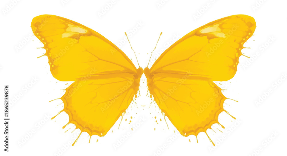 Fototapeta premium Symmetrical yellow watercolor butterfly wings with artistic paint splashes isolated on white background