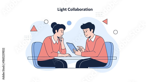 Teamwork and collaboration illustration: people working together on a tablet