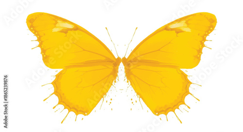 Symmetrical yellow watercolor butterfly wings with artistic paint splashes isolated on white background