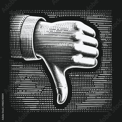 Engraved Hand with Thumbs Down Gesture on Dark Background.