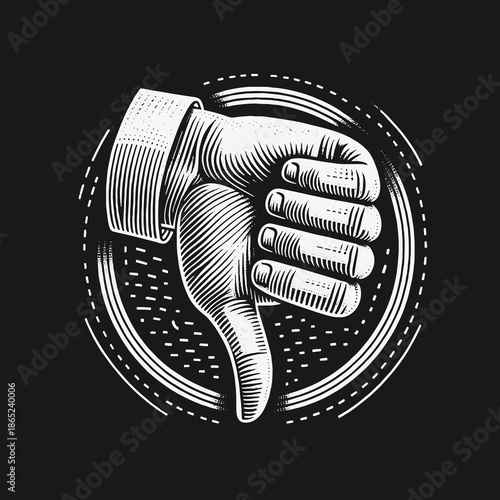 Engraved Thumbs Down Hand Gesture in Circular Frame on Black.