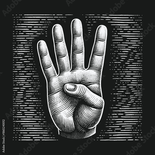 Detailed Hand Illustration Showing Four Fingers Up in Vintage Style.