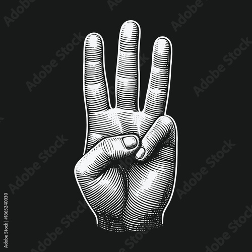 Engraved Hand Gesture: Three Fingers Raised in Vintage Style.