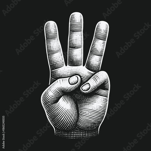 Engraved Hand Gesture: Three Fingers Up in Detailed Illustration.