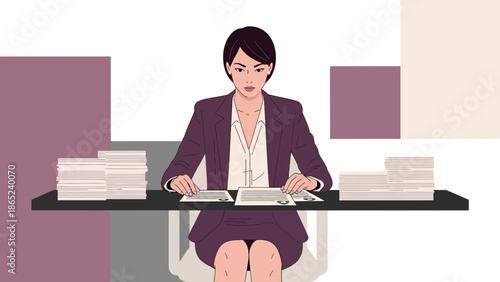 Businesswoman working at desk with stacks of paper, administrative tasks, office work