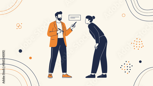 Teamwork illustration, man explaining to woman, business meeting, collaboration concept