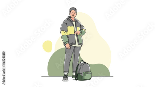 Trendy young man in puffer jacket with backpack, standing against abstract background