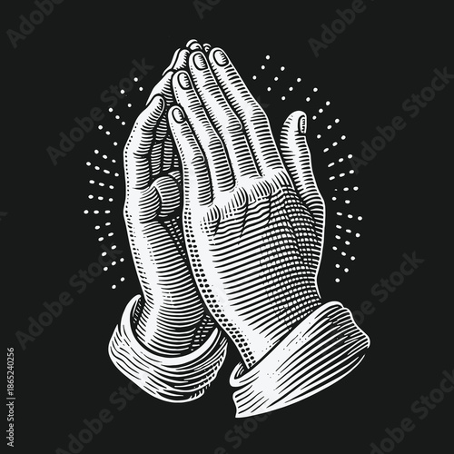 Engraved Praying Hands Illustration: A Symbol of Faith and Hope.
