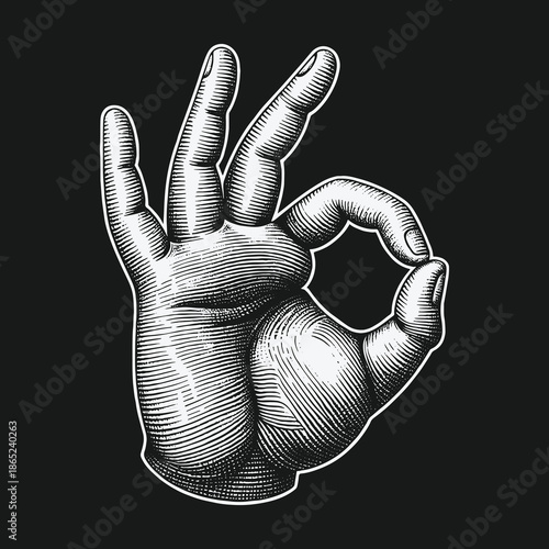 Hand gesture illustration: The OK sign in vintage engraving style.