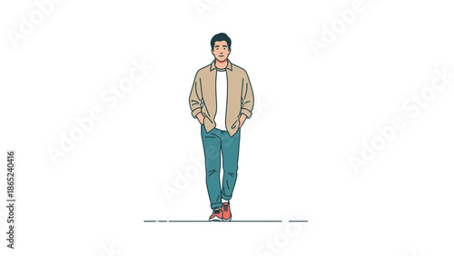 Casual Man Walking Isolated on White Background, Full Body Illustration