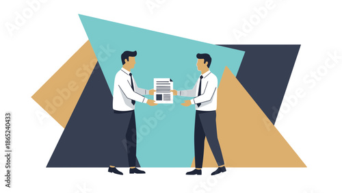 Two businessmen exchanging documents, abstract geometric background, business concept