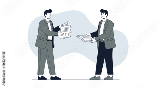 Two businessmen exchanging documents, business meeting, teamwork, partnership, flat illustration