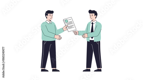 Two businessmen exchanging documents, collaboration, partnership, meeting, teamwork, agreement