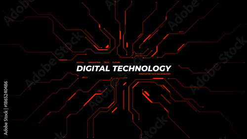 Futuristic red electronic pattern with blank central space. Modern digital design showcasing interconnected lines, semiconductor elements, and contemporary aesthetic. Digital vector background