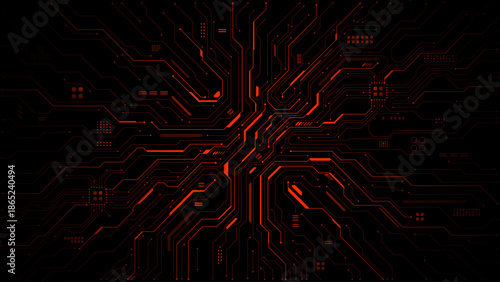 Red circuit board background with glowing lines and tech patterns. Abstract digital network design for futuristic electronic concepts and semiconductor technology illustrations. Digital vector bg