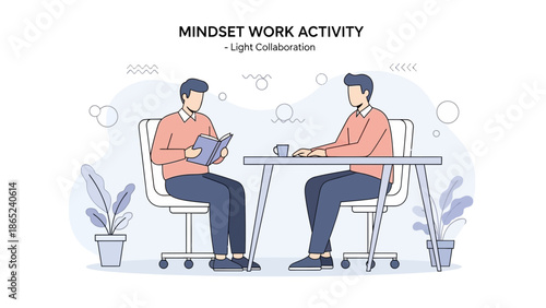 Two men collaborating, discussing work, reading book, business meeting, office environment, illustration