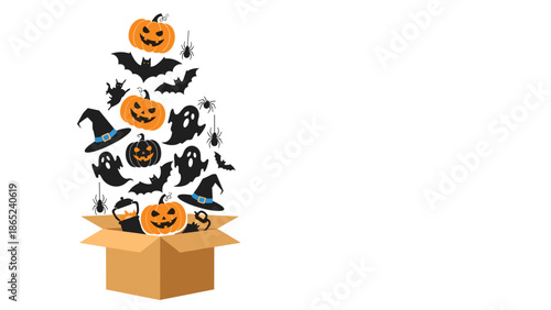 Assorted Halloween decorations like pumpkins, bats, ghosts and witches hats emerging from an open brown cardboard box.