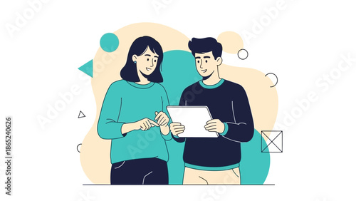 Two colleagues discussing project on tablet, modern flat illustration with abstract background