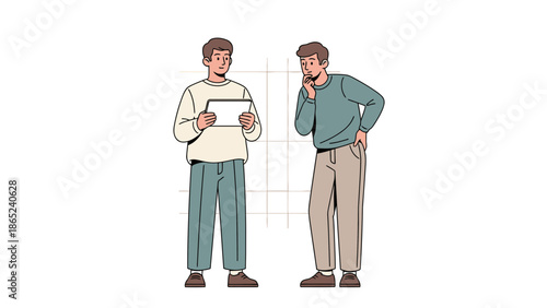 Two men discussing a tablet, one holding it and the other thinking, modern illustration.