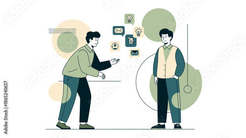 Two men discussing ideas, communication, business, teamwork, and collaboration concept