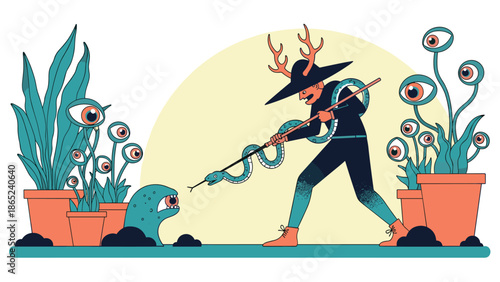 Whimsical character wearing a hat with antlers using a snake staff to interact with a strange creature among eye plants.