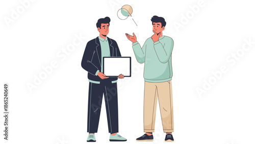 Two men discussing ideas, one holding a blank tablet, communication concept
