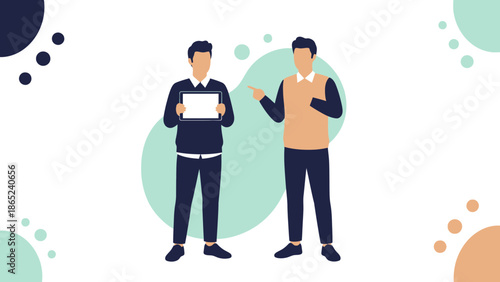 Two men discussing, one holding blank sign, flat illustration, business concept