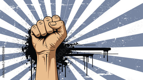 Powerful human fist raised in protest or victory set against a blue and white sunburst background with black ink drips.