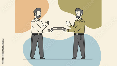 Two men exchanging a book or document, flat design illustration