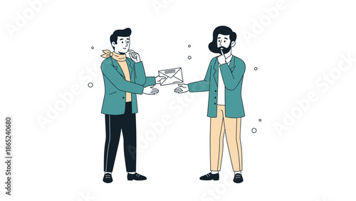 Two men exchanging an envelope, secret communication, information transfer, discreet meeting