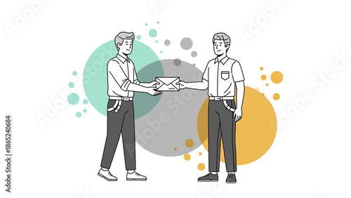 Two men exchanging an envelope, modern flat illustration with abstract circles background