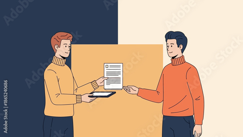 Two men exchanging document and tablet, business deal, agreement, partnership