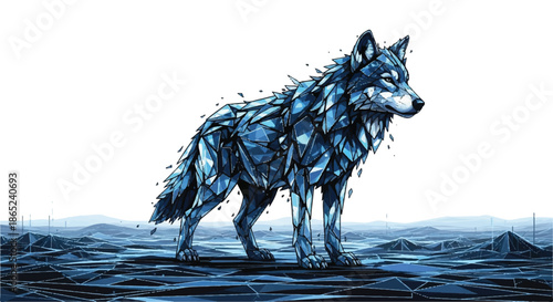 Majestic Blue Crystalline Wolf Standing in Snowy Landscape Digital Polygon Art