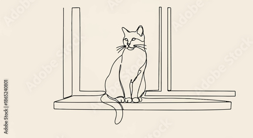 Minimalist One Line Drawing of a Cat Resting on Windowsill in Modern Sketch Style