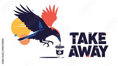 Artistic illustration of a black crow perched and drinking from a takeaway coffee cup with bold text on white.