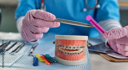 Canvastavla Orthodontic tools and braces model displayed on a dental table with colorful lig