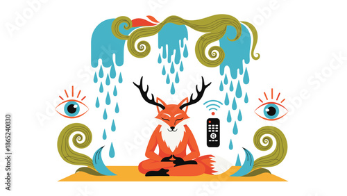 Surreal illustration of a red fox with antlers meditating in a peaceful pose under a stylized blue rain canopy.