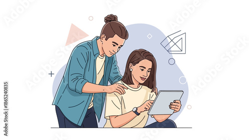 Couple Learning Together Online with Tablet, Modern Flat Illustration