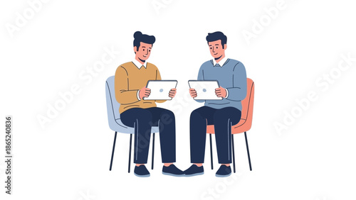 Two men sitting on chairs holding tablets, discussing work or projects.