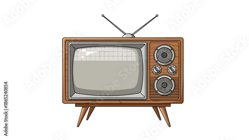 Detailed illustration of a classic vintage wooden television set with two speakers and a dial antenna on top.