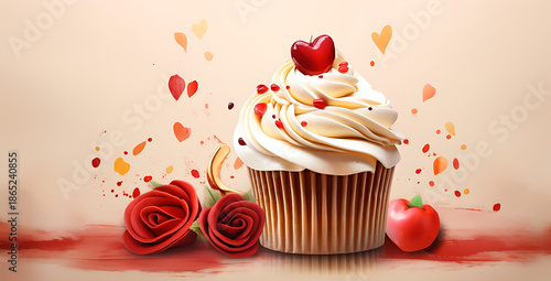 chocolate cake with strawberrym , 
Valentine's Day Cupcake using Heart Topper.A cupcake with a heart-shaped decoration. Web banner with