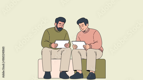 Two men sitting together, looking at tablets, modern flat illustration